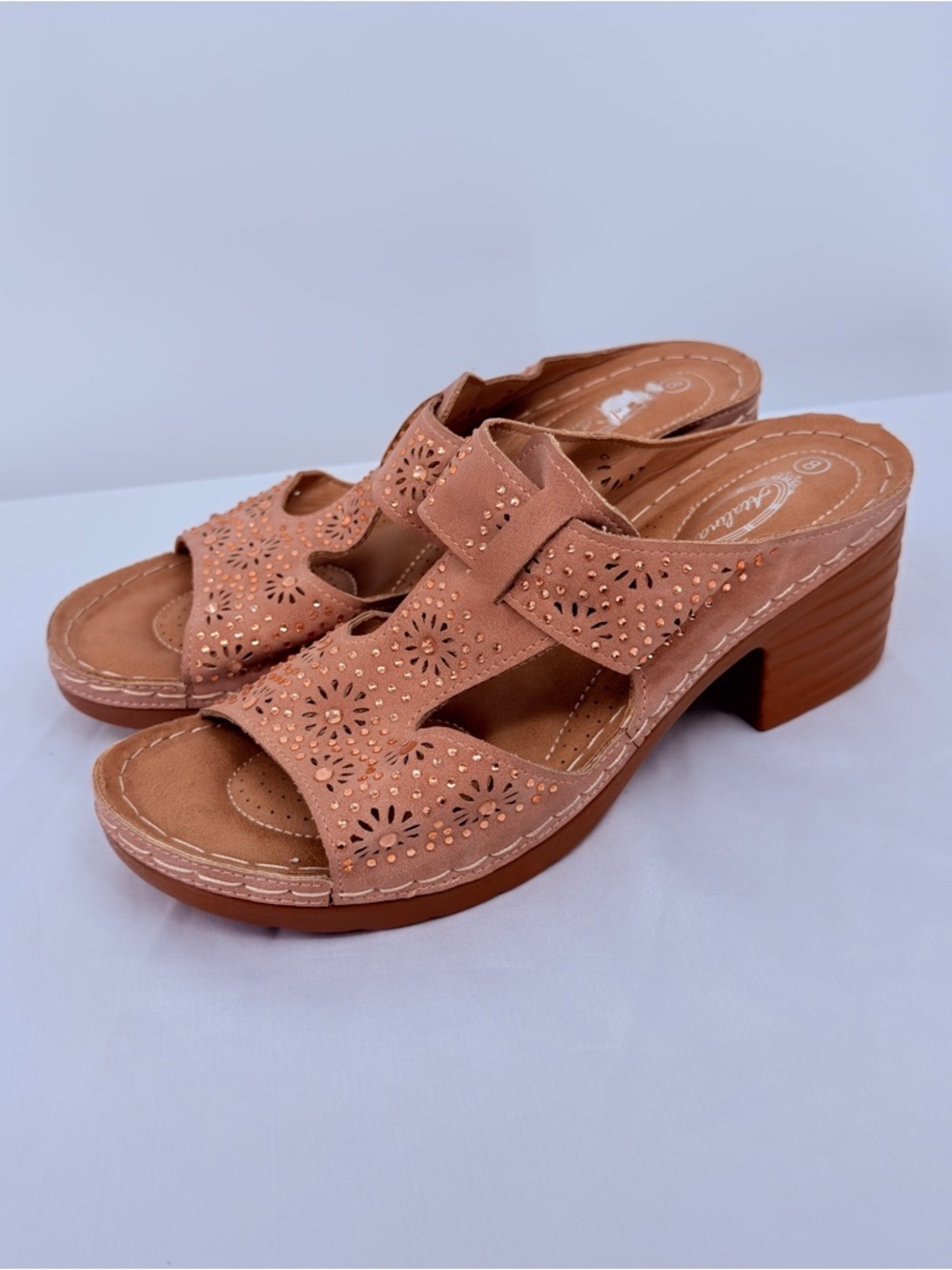 Atalina Tan Cutout Comfort Sandals Size 8 Low Heel Slip On Mule Sandals